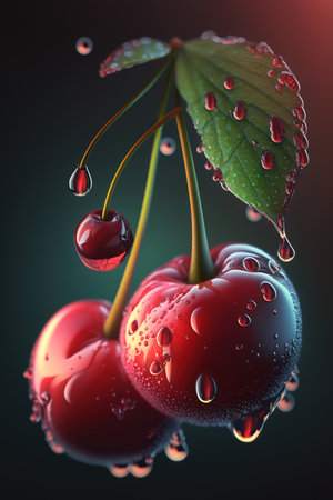 Cherry with water drops on black background. 3D illustration.の素材