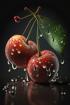 Cherries with water drops on black background. 3d illustrationの素材