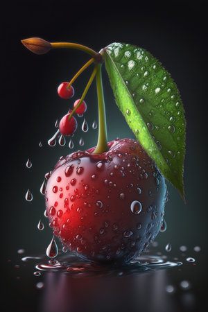 Red cherry with water drops on a dark background. 3d illustrationの素材