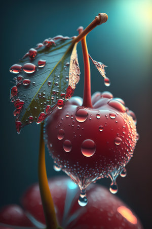Red cherry with water drops on a dark background. 3d illustrationの素材