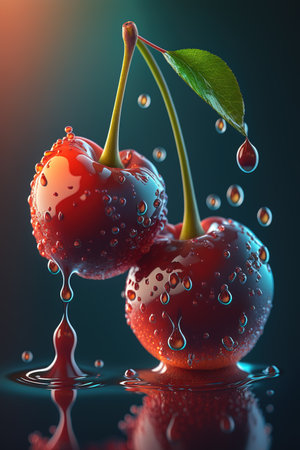 Red cherries with water drops on dark background. 3d illustrationの素材
