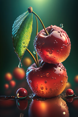 Cherries with water drops on a dark background. 3d illustrationの素材