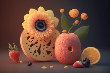 3d illustration of an orange and a flower with fruits and berriesの素材