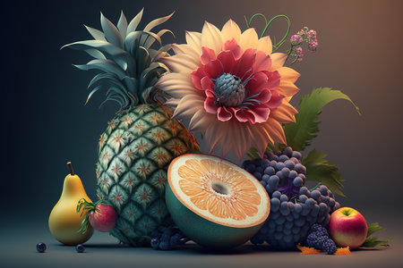 Fruits and berries on a dark background. 3D illustration.の素材
