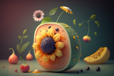 3d illustration of a melon with sunflowers and fruitsの素材