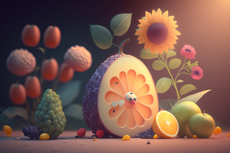 Fruits and vegetables on the table in the garden. 3d renderingの素材