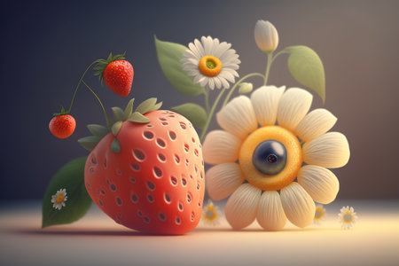 Strawberry and daisy flower on dark background. 3d illustrationの素材