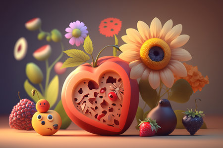 Valentines Day background with fruits and flowers. 3d illustrationの素材