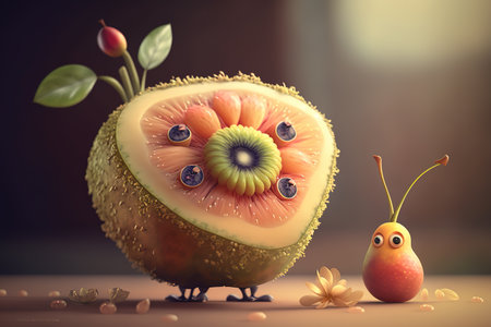 Fruit with worm and pear. 3D illustration. Vintage style.の素材