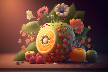 still life with fruits and flowers on the table. 3d illustrationの素材