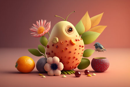 Funny easter egg with fruits and flowers. 3d illustrationの素材