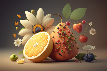 Fruits and flowers on a dark background. 3D illustration.の素材