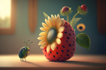 3d illustration of a green worm eating a red strawberry in the roomの素材