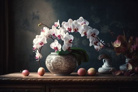 Still life with orchids in a vase on a dark backgroundの素材