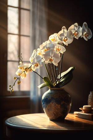 White orchids in a vase on a wooden table near the windowの素材