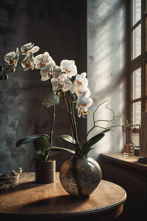 White orchid flowers in a vase on a wooden table.の素材