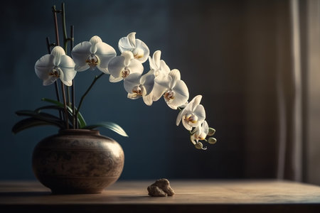 Still life with orchids on wooden table and dark background.の素材