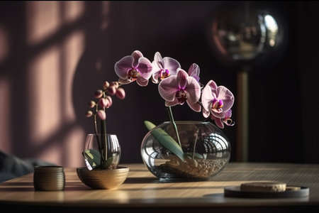 Beautiful orchid flowers in vase on wooden table in roomの素材