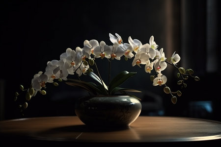 White orchid in a vase on a wooden table in the darkの素材