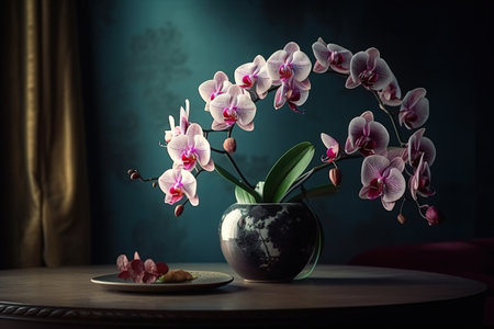 Beautiful orchid flowers in a copper vase on a dark backgroundの素材