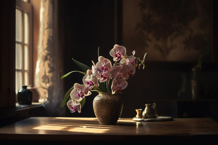 Still life with orchids in a vase on the windowsillの素材