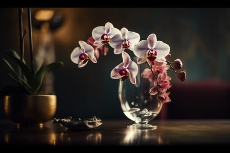 White orchids in a vase on a dark background.の素材