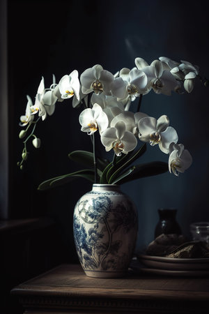 Vase with orchids on a wooden table. Selective focus.の素材