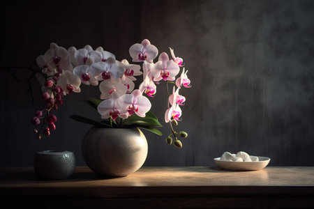 Still life with orchid flowers in vase on wooden table.の素材