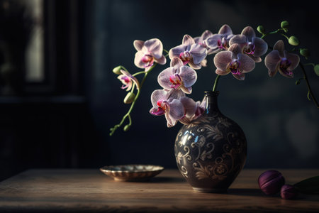 White orchid in vase on wooden table against dark background.の素材