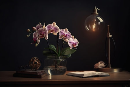 Still life with orchids, books and lamp on dark backgroundの素材