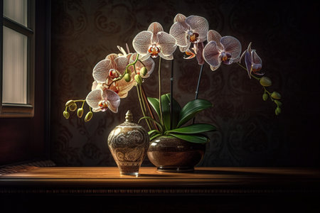 Orchid flowers in vase on wooden table in dark room.の素材
