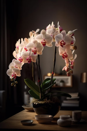 Beautiful white orchid flowers in vase on table in roomの素材