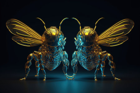 3d rendering of a pair of golden bees isolated on black backgroundの素材