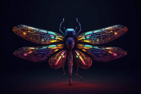 Dragonfly with multicolor lights on a black background. 3d renderingの素材