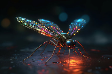 Dragonfly with glowing wings on black background. 3D rendering.の素材