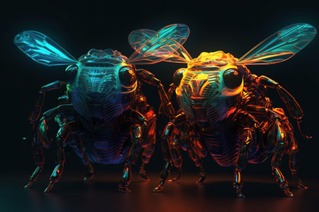 3d rendering of a pair of wasps with colorful backlightの素材