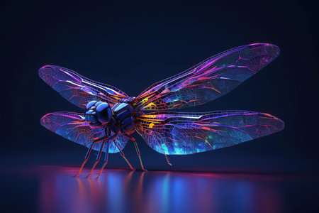 Dragonfly isolated on black background. 3D rendering. Neon lights.の素材