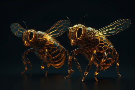 Two honey bees on a black background. 3d rendering, 3d illustration.の素材