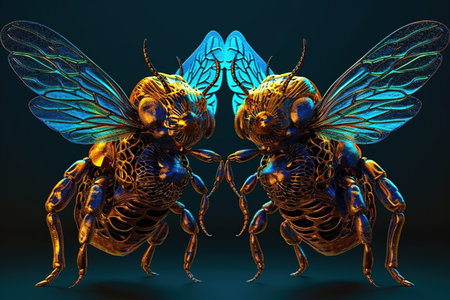3D rendering of a pair of bees on a dark background.の素材