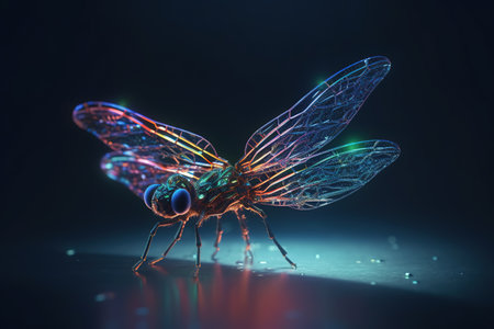 Dragonfly with glowing wings on a dark background. 3d renderingの素材