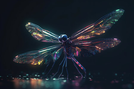 Dragonfly with neon light on black background. 3D illustration.の素材