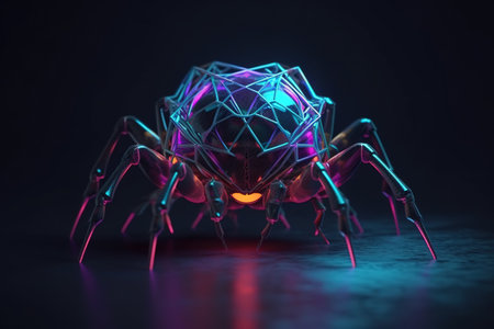 3d rendering of a fantasy crystal spider with neon light on black backgroundの素材