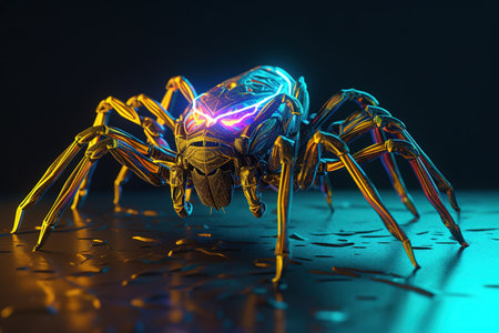 3d illustration of a spider with neon lights on a black backgroundの素材