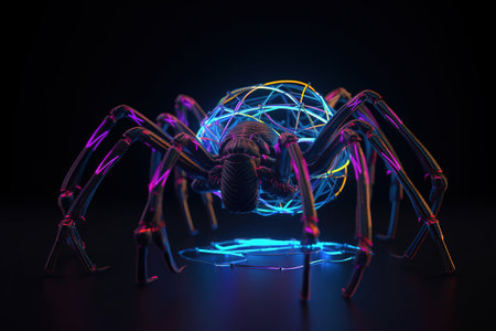 3D rendering of a spider on a dark background with neon lightsの素材