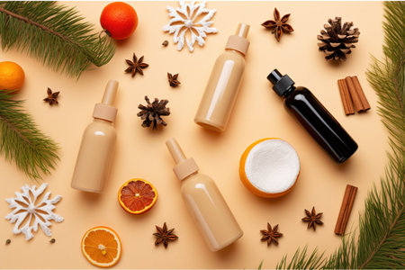 Christmas and New Year cosmetics on a beige background. Flat lay, top viewの素材