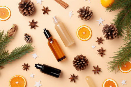 Natural cosmetic products with christmas decoration on beige background, flat layの素材