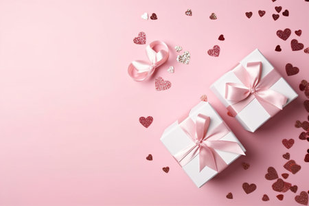 Gift boxes with pink ribbon and hearts on a pink background.の素材
