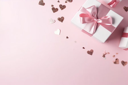 Valentine's day background with gift box and hearts on pink background. Top view with copy space.の素材