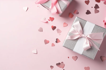 Valentine's day background with gift box and hearts on pinkの素材
