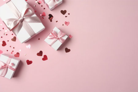 Valentine's day background with gift boxes and hearts on pink backgroundの素材